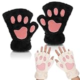 Firtink 2 Paare Damen Fingerlose Handschuhe, Flauschige Katzenpfoten Handschuhe, Dick Warme Winterhandschuhe, Niedliche Plüsch Kätzchen Fäustlinge für Draußen, Cosplay