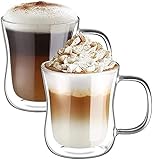 ecooe Doppelwandige Latte Macchiato Gläser Set Borosilikatglas Kaffeetassen Glas 2er Set 350ml Kaffeeglas Teegläser mit Henkel für Cappuccino,Tee,EIS,Milch,Bier