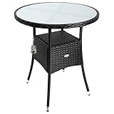 Casaria Polyrattan Beistelltisch Ø 60x74cm Milchglasplatte Höhenverstellbar 5mm Sicherheitsglas Wetterfest Balkontisch Gartentisch Kaffeetisch schwarz