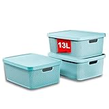 astor24 PREMIUM 3er XXL Set Aufbewahrungsbox Korb mit Deckel Organizer Ideal für Büro,Kleiderschrank, Schrank, Küche & Haushalt (Aquamarin, 3er Set 13 Liter)