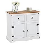 Kommode Campo Sideboard Buffetschrank Geschirrschrank Kiefer massiv mit 2 Schubladen und 2 Türen, braun/weiß