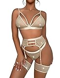 Damen 4 Stück exotische Dessous Set Träger Strumpfband Dessous Mesh BH und Panty Sets, Strass-Steine, Large