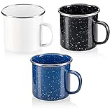 com-four® 3x Emaille-Becher - Trinkbecher aus emaliertem Edelstahl - Teepott - Kaffeetasse für Outdoor und Camping - 3-teiliges Becherset - spülmaschinengeeignet (weiß schwarz blau)