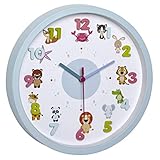 TFA Dostmann LITTLE ANIMALS Kinder-Wanduhr mit Tier-Motiven, leises Uhrwerk, ideal für das Kinderzimmer, Kunststoff, hellblau, ((L) 309 x (B) 44 x (H) 309 mm