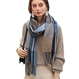 Baynetin Damen Winter Senior Plaid Kaschmir Schal,Kariert Pashmina Übergroßer Herbstschal Stolen,Tartan Schultertuch Mit Quasten,Karomuster Warmer Oversized Fransen Poncho (Grau Blau)