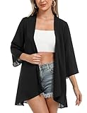 Irevial Damen Chiffon Kimono Cardigan 3/4 Arm Bikini Cover Up Leichte Strand Offene Front Jacke für Sommer, Einfarbig-Schwarz, M