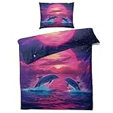 MOBEITI Delfin Bettwäsche 135x200, Neon Mond Meer Delphin Wendebettwäsche, Weiche Kuschelige Mikrofaser Bettbezug Set 2teilig, 1 Kissenbezug 80x80, mit Reißverschluss -MO&265