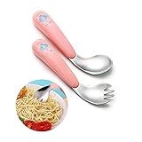 Kinder Besteck Set Gebogener Griff Training LöFfel Gabeln Edelstahl Baby LöFfel Gabel Gebogen FüTterlöFfel Baby LöFfel Gabel Set Griff HitzebestäNdig, Selbstlernende LernlöFfel (pink)