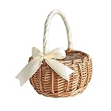 Sweieoni Rattan Blumenkorb Geflochtener Blumenkorb Hochzeit Blumenmädchen Korb mit Schleife Gewebter Wäschekorb Weidengriff Hochzeit Streukörbchen Rattankorb Handmade Willow Aufbewahrungskorb