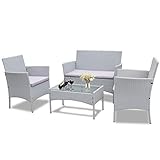 bigzzia Rattan Gartenmöbel Set, 4 Teilig, Rattan Möbel Sofa, Webereide, inkl. 2 Sessel, 1 Doppelsitz-Sofa und 1 Tisch