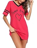 Litherday Nachthemd Damen Nachtwäsche Baumwolle Loungewear Nachtkleid Kurz Negligee Streifen Kurze Ärmel Sleepshirt Kurzarm V-Ausschnitt Sleepwear Bequeme Freizeitkleid, Rot, XL