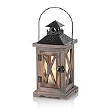 Sziqiqi Laterne Kerzenhalter Vintage Windlicht Laterne Holz Metall Dekorative Windlichthalter für Draußen Rustikale Hochzeit Herzstück Hängende Laterne Bauernhaus Innen Außenlaterne Dekor 28cm