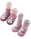 Adorel Baby Hüttenschuhe Gefüttert Frottee Anti-Rutsch Winter Socken 2 Paar Rosa Igel & Panda 12-18 Monate (Herstellergröße 13)