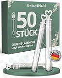 Hochzeitsheld® Seifenblasen Hochzeit 50 Stück - Perfekt als Hochzeitsdeko oder Standesamt Überraschung - Hochzeit Seifenblasen befüllt und sofort einsatzbereit - Hochzeitsseifenblasen mit Herzgriff