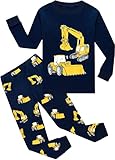 EULLA Kinder Jungen Schlafanzug Langarm Baumwolle Winter Pyjama Set Bagger Zweiteiliger Nachtwäsche 5 Jahre alt Größe 110 A-Dunkelblau Bagger DE 110