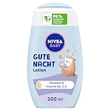 NIVEA Baby Gute Nacht Lotion, Baby Bodylotion pflegt zarte Babyhaut mit Mandelöl, Vitamin E, C und B5, vegane Baby Lotion mit hypoallergener Formel ohne Parabene und Mikroplastik (200 ml)