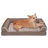 Furhaven Orthopädisches Haustierbett für Hunde und Katzen – Sofa-Stil Kunstpelz und strapazierfähiges Performance Leinen Couch Hundebett mit abnehmbarem, waschbarem Bezug, Woodsmoke, Medium