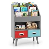 DREAMADE Bücherregal Kinder mit 3 Ablagefächern & 2 Stoffboxen & 1 Ablageregal, Kinder Regal Kinderzimmer Spielzeugregal, Kinderregal für Kinderzimmer Spielzimmer 63x30x97cm (Grau)