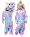 GEEKEO Onesie Pyjama Einhorn Kinder Schlafanzug, Mädchen Cosplay Costume Hoodie Kostüme Einhorn Schlafstrampler Strampelanzug Unisex Weihnachten Halloween Fasching Karneval Kostüm