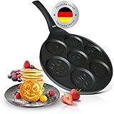 endusor Pancake Pfanne Kinder mit Smiley - Spiegeleipfanne Motiv Ø26cm mit [PowerShield]-Beschichtung | Induktion Ceran Gas Elektro | 7x mini Form Maker Eierpfanne für Spiegelei Poffertjes