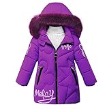 linboo Winterjacke Mädchen Wintermantel mit Abnehmbarer Fellkapuze Warme Lang Mantel Kinder Parka Outdoor Jacke mit Buchstaben und niedliche Muster, Lila, 130