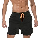 Qrity Herren Badeshorts, Badehose Herren Jungen Badeshorts Männer, Strandhose mit Taschen, Schwimmen Schnelltrocknen, Strandshorts, Verstellbarer Kordelzug, Schwarz -L