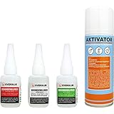 Everglue Sparset Sekundenkleber lange Haltbarkeit dünn + mittel + dick à 20g + Aktivator 200ml - Industriekleber extra stark für universelle Reparatur und Instandsetzung in Hobby Beruf und Haushalt