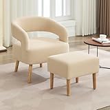 Soweiz Freizeitstuhl mit Fußstütze, Polstersessel mit Hocker Teddy Fleece Relaxsessel Loungesessel Fernsehsessel Einzelsessel Beige,66x65x73+48x41x41 cm(LxWxH) (1)