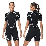 Owntop 3/2mm Shorty Neoprenanzug Damen - Rückenreißverschluss Wetsuit zum Tauchen Surfen, Kurzarm Tauchanzüge Stretch Neopren für Wassersport, Damen Schwarz S