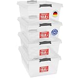 ATHLON TOOLS 4x 12.5 L Aufbewahrungsboxen mit Deckel, lebensmittelecht - Verschlussclips - 100% Neumaterial Plastik-Box transparent - Kleiderboxen stapelbar…