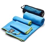 OlimpiaFit Mikrofaser Handtuch Set - 3 saugfähige Handtücher mit Netztasche - Schnelltrocknend, Ultra leicht & kompakt - Camping, Sport, Strand (Blau)