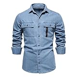 Herren-Hemden, lässig, trendiges Overshirt, Weihnachts-Tops, Frühjahr und Herbst, lässig, langärmelig, Revers, einfarbig, Denim-Hemd, Jacke, Herren-Denim-Hemd, karierte Hemden, 2025, hellblau, L