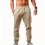 Puimentiua Herren Leinenhose Lang Leichte Freizeithose Sommerhose für Urlaub Strand Alltag,Khaki,L