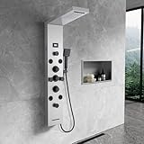 KEOKBON 6 in 1 LED Duschpaneel, Duschpaneele Duschsystem aus 304 Edelstahl mit LCD Temperaturanzeige Wasserfall & Regendusche 8 Massagedusche Handbrause Wanneneinlauf, Gebürstetes Edelstahl & Schwarz