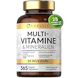 Multivitamin Tabletten Hochdosiert | 365 Vegane Stück mit 28 Vitamine & Mineralien | Immunsystem & Blutdruck (EFSA) | Nahrungsergänzungsmittel Frauen & Männer | Mineralstoffe Komplex | von Carlyle