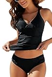 VILOREE Mode Damen Tankini Set Zweiteilige Bademode Badeanzug Nechholder Bauchweg Schwarz (N103) L