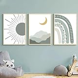 Herfair 3er Set Poster Kinderzimmer, Grün Regenbogen Sonne Bilder, Wandbilder Bilder Boho Babyzimmer Deko Wandposter für Kinder Junge Mädchen, Ohne Rahmen (30x40cm)