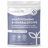 Multivitamin Hochdosiert - 90 vegane Tabletten - 26 wertvolle A-Z Vitamine und Mineralien - Multi Vitamin Komplex - Unterstützt das Immunsystem - laborgeprüft und ohne Zusätze - Nutravita