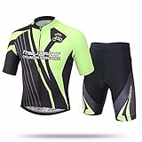 YFPICO Kinder Radtrikot Set Fahrrad Trikot Kurzarm + Radhose mit Sitzpolster Radsport-Anzüge Jungen Mädchen Fahrradbekleidung, Schwarz+Grün, 146