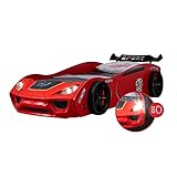 Coemo Kinder Autobett Dream Racer Kinderbett 90x200 im Rennwagen Design mit LED Beleuchtung und Lattenrost für Jungen und Mädchen - Betten Farbe Rot - Rennbett