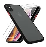 KIOMY iPhone X Hülle/iPhone Xs Hülle mit 2 HD-Displayschutzfolien aus gehärtetem Glas, durchscheinende, matte Schutzhülle mit weichem Rand, schlanke Fit-Schale, 5.8 Zoll schwarz