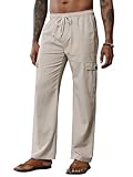 Breampot Herren Leinenhose Lang Leicht Sommerhose Baumwolle Cargo Loose Freizeithose mit Kordelzug (Khaki, X-Large)