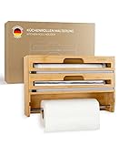 EXITOSO NEU 3 in 1 Folienschneider aus Bambus - Wandrollenhalter Küche Frischhaltefolienspender - Holz Küchenrollenhalter Wand - Küchenrollenhalterung hängend - Papierrollenhalter - Küchenrolle Halter