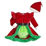 Nokiwiqis Neugeborenes Baby Mädchen Weihnachtsoutfit Mein erstes Weihnachten Kleidung Langarm Santa Strampler Kleid mit Mütze Kleinkind Xmas Party Outfit (Grün, 12-18M)