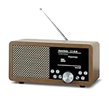 Dynavox DBT600 DAB+ Radio, tragbares, digitales UKW Radio, ideal als Küchenradio, Badradio, Büroradio, Wecker, BT, TFT-Display, Netz- oder Akku-Betrieb, USB/Micro-SD-Player, Holzdekor braun