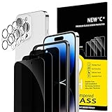 NEW'C 3 x Sichtschutz Panzer Schutz Glas für iPhone 14 Pro (6,1 Zoll) und 3 x Kamera Panzer Schutz Glas Kameraschutz für iPhone 14 Pro (6,1 Zoll) -Einfaches Installationswerkzeug enthalten-kratzfest