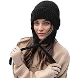 Warme Gestrickte Beanie Mütze mit Ohrenklappen für Damen Mädchen, Winter Strick Ohrenschützer Hut mit 3 Pompons, Mode Bommel Mütze Ski Snowboard Hüte mit Ohrenwärmer, Geschenk