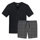 Schiesser - Mix & Relax Kombi - Schlafanzug T-Shirt mit Knopfleiste und Hose kurz (54 Schwarz Gemustert)