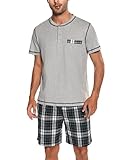 Litherday Schlafanzug Herren Kurz Pyjama Zweiteiliger Kurzarm Nachtwäsche aus 100% Baumwolle Pyjamas Set Sommer Sleepwear, Grau, L