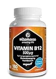 Vitamin B12 hochdosiert und vegan, Methylcobalamin, 500 mcg 180 Tabletten für 6 Monate Dauerversorgung, Natürliche Nahrungsergänzung ohne Zusatzstoffe, Made in Germany